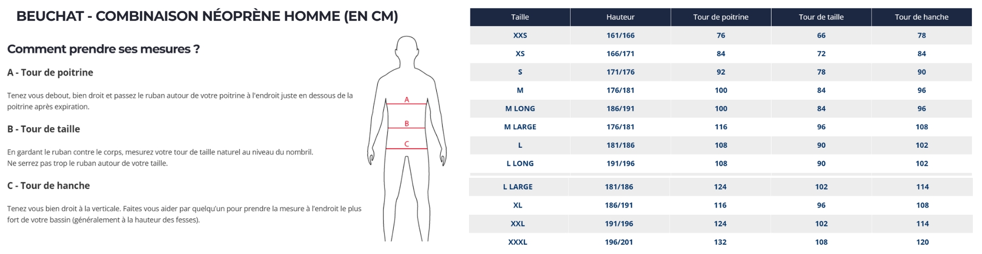 Guide des tailles beuchat apnée homme